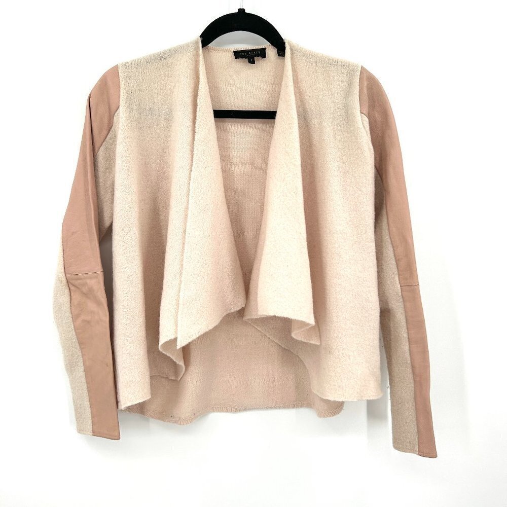TED BAKER Gaeton Cream Blush Pink Leather Wool Open Cardigan Sweater Size 1